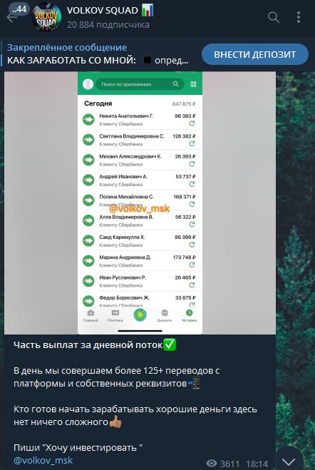 Телеграм канал Volkov Squad отчет прибыли