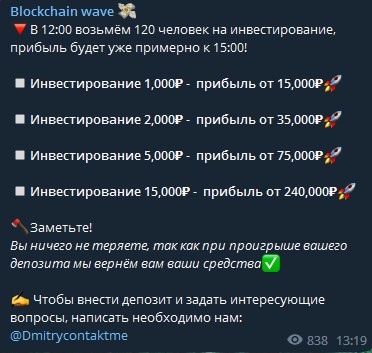 Телеграм Blockchain wave Dmitry условия инвестирования