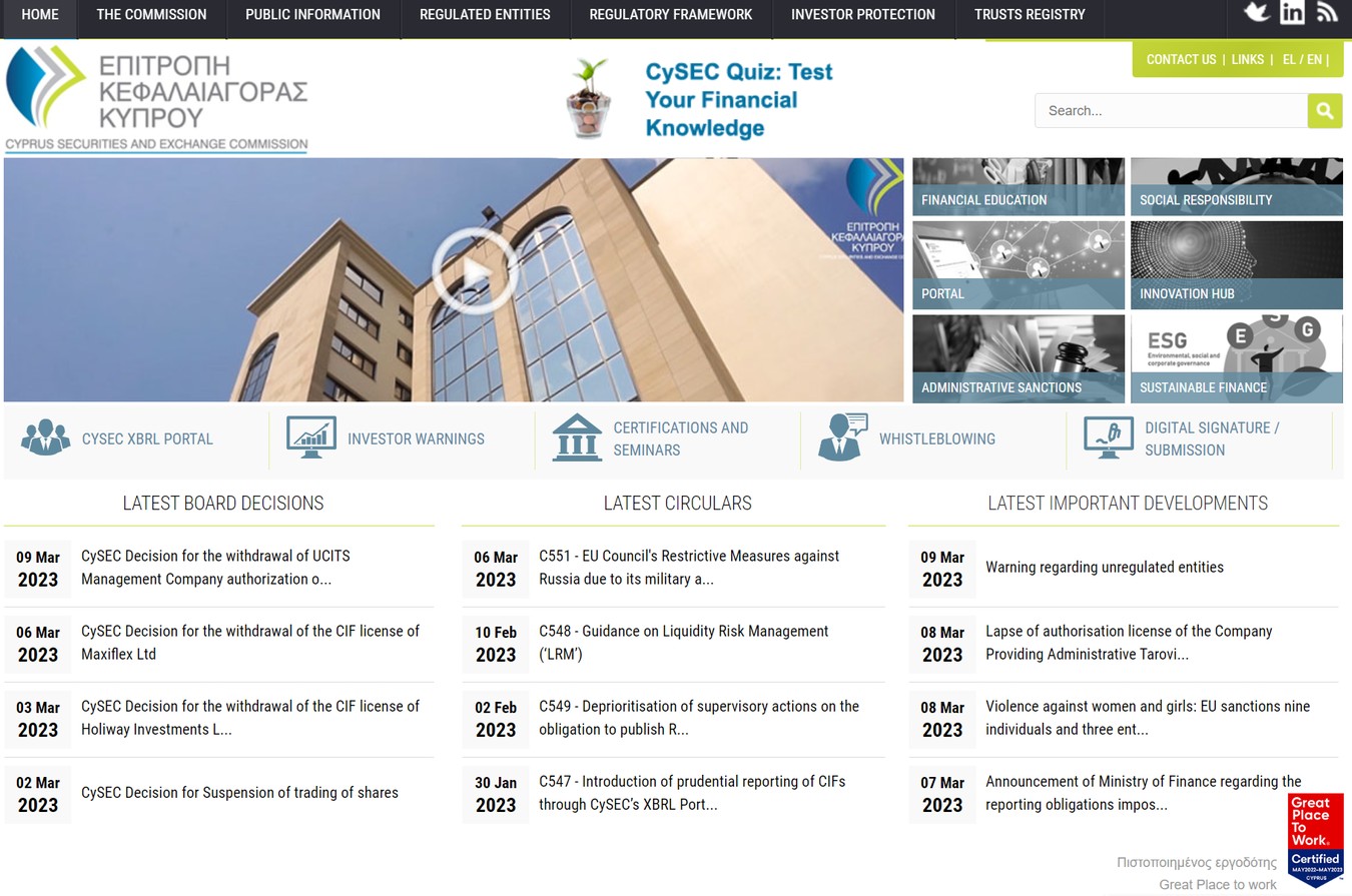 Обзор сайта Финансовый регулятор CySEC