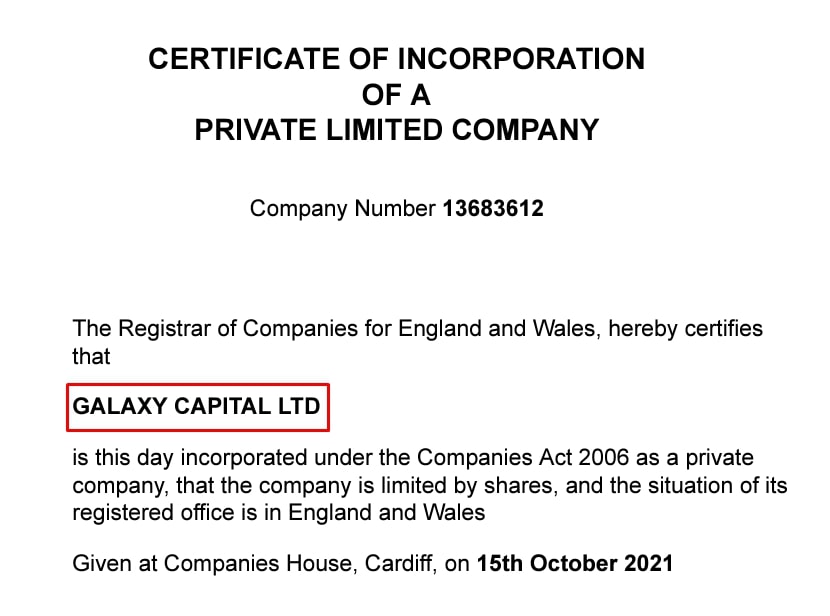 Galaxy Capital Ltd сертификат